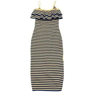 Victor Glemaud Women's XS Blue Yellow Stripped Midi Ruffle Neckline Sheath Dress